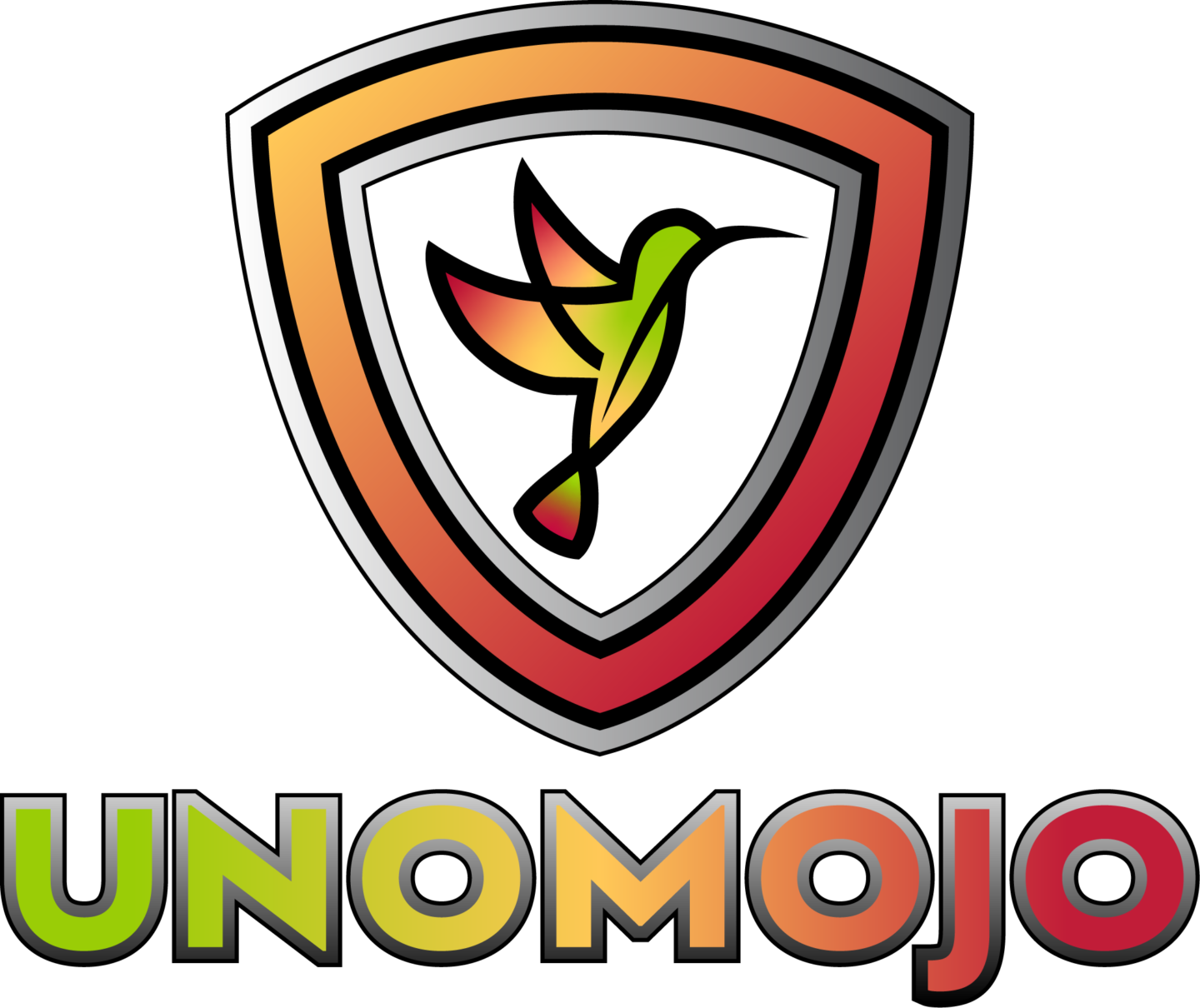 Unomojo logo, a shield with a hummingbird inside